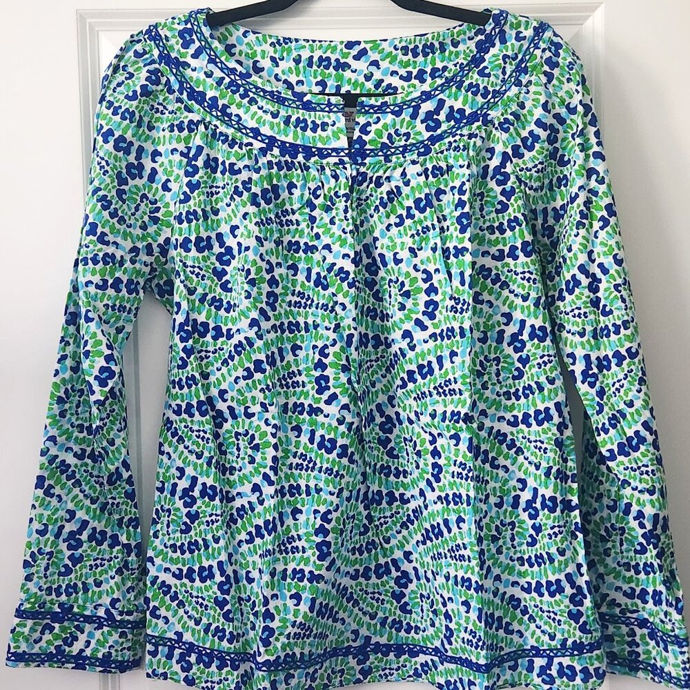 Vineyard Vines Embroidered Tunic Top Blue Green Coastal Print Size M